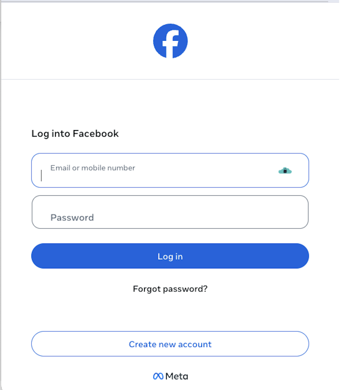 Facebook login screen