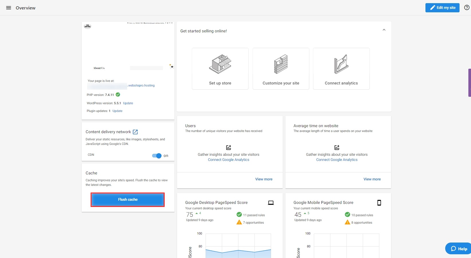 Flush Cache button on the WordPress Hosting Overview page