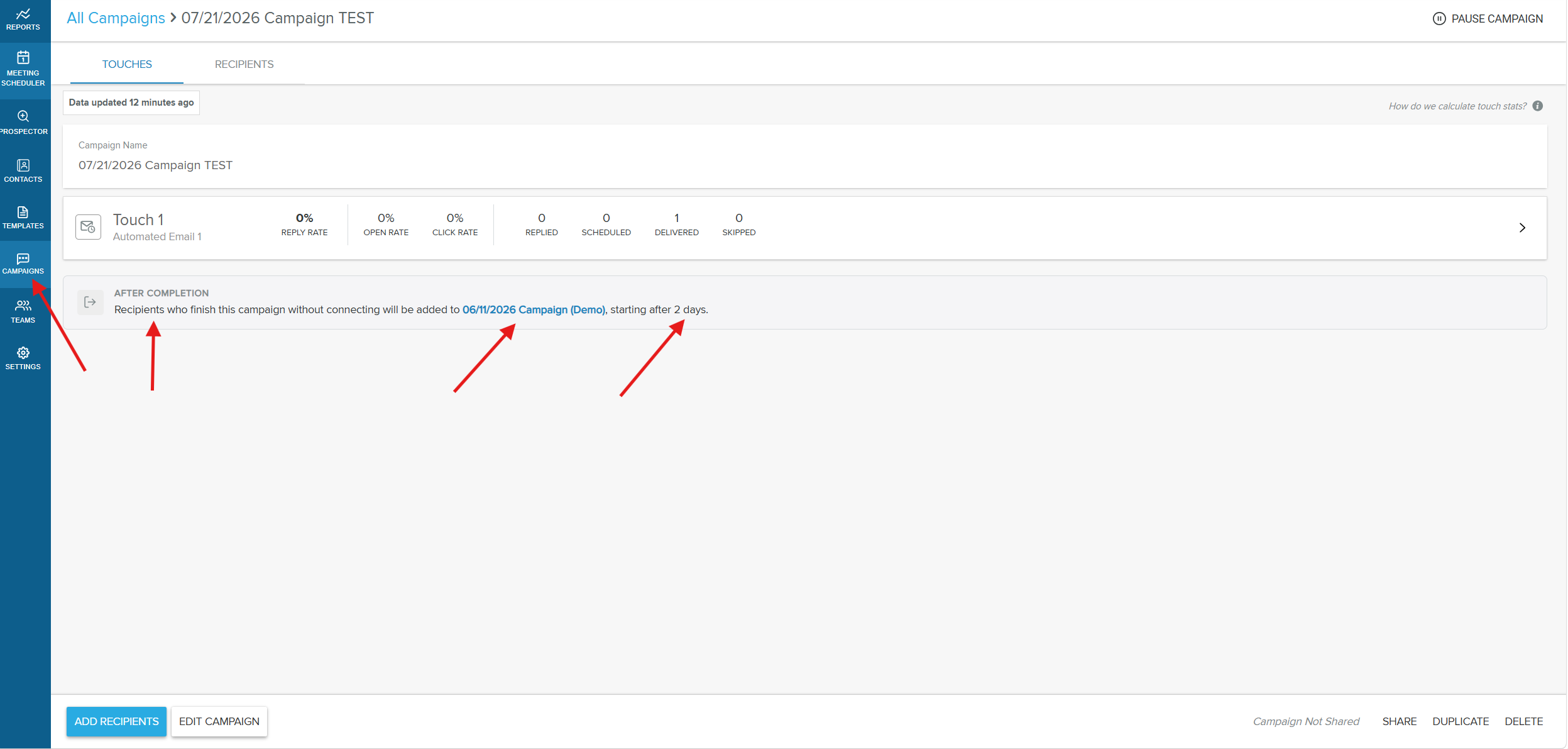 A campaign's After completion summary showing that recipients who finish without connecting will be added to the follow-up campaign after the set delay
