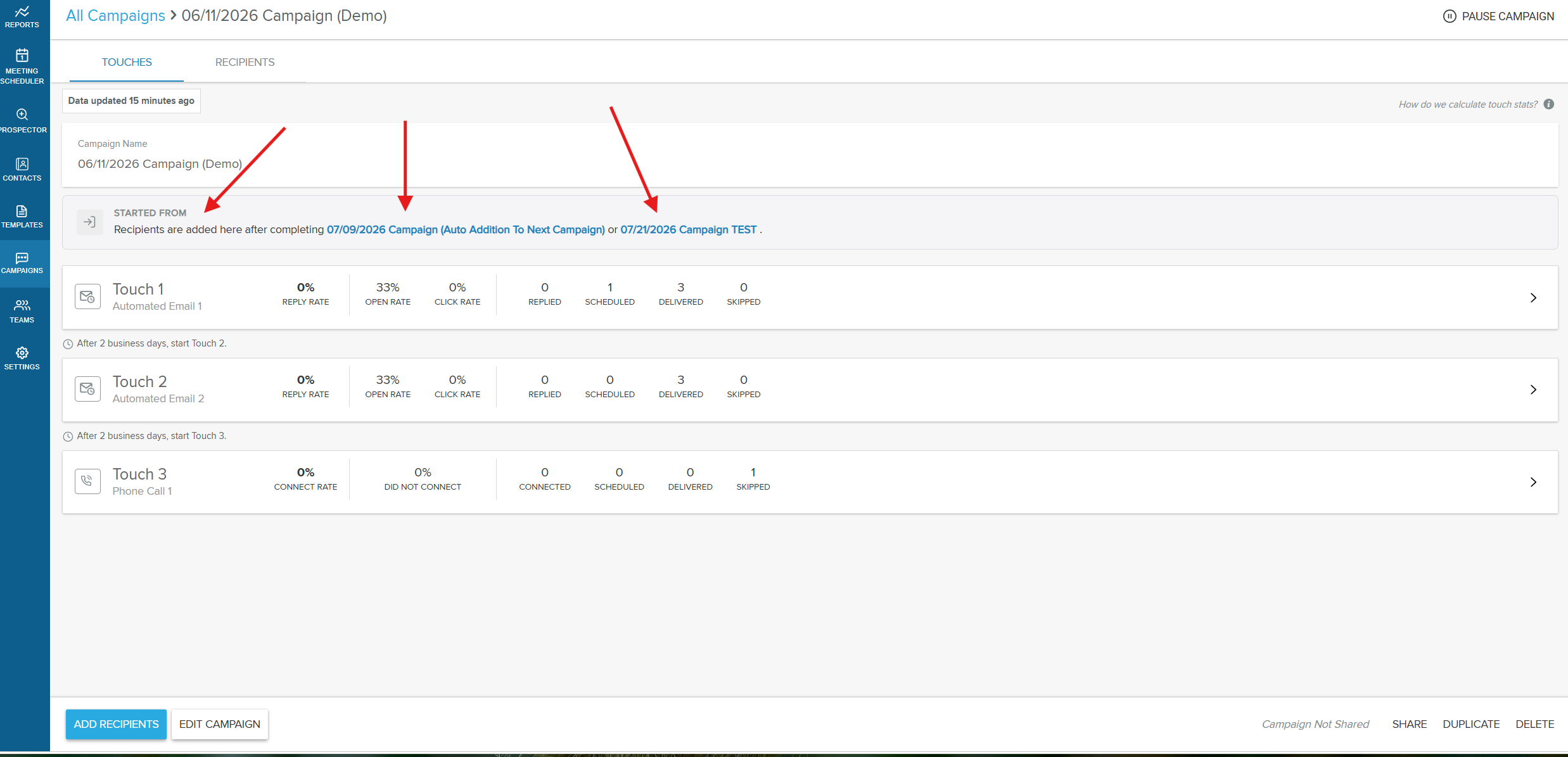 A follow-up campaign's Started from note listing the source campaigns whose completed recipients feed into it