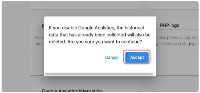 Accept button for Google Analytics changes