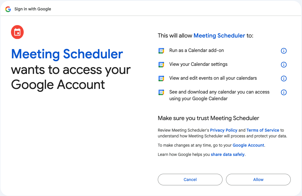 Google account permission screen requesting calendar access for Meeting Scheduler