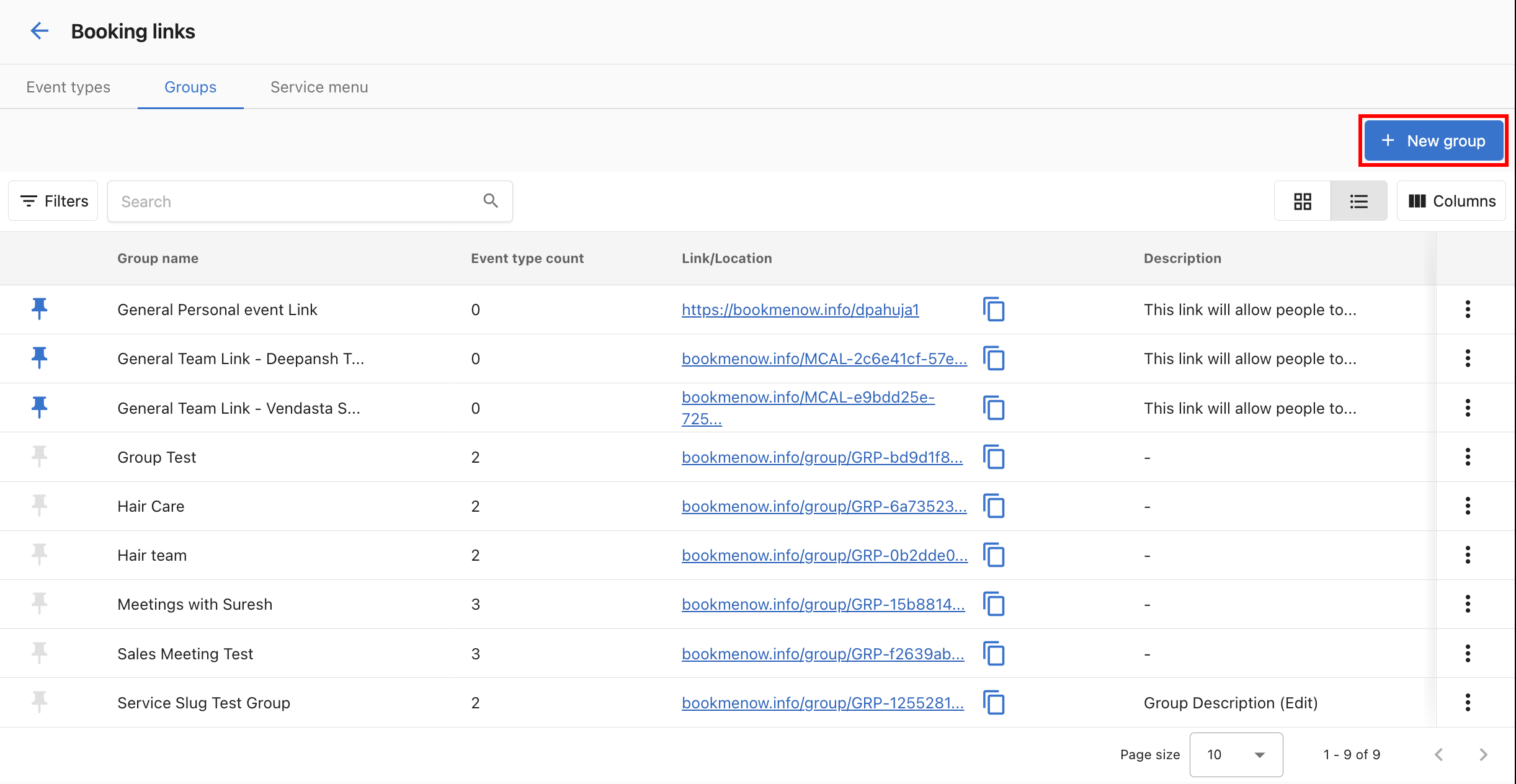 Settings page showing Groups tab