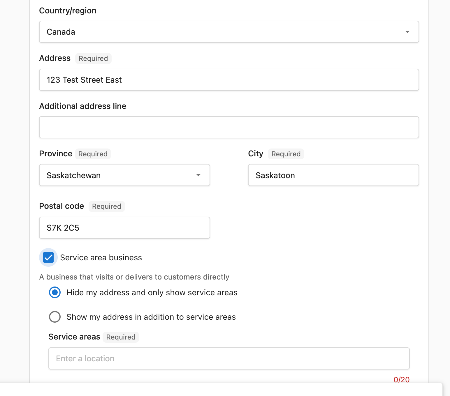 Service Area Business option during account creation