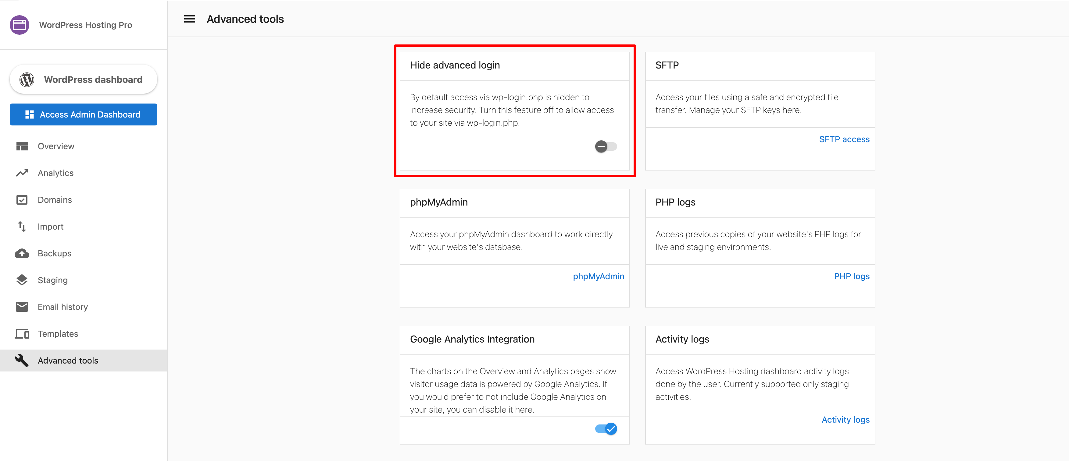 Advanced Login toggle in the WordPress Hosting dashboard