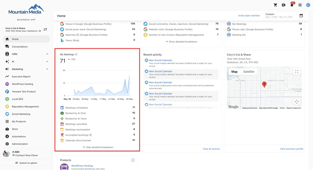 My Meetings metrics card on the Home page, showing meetings scheduled, AI booking attribution, and calendar disconnect count