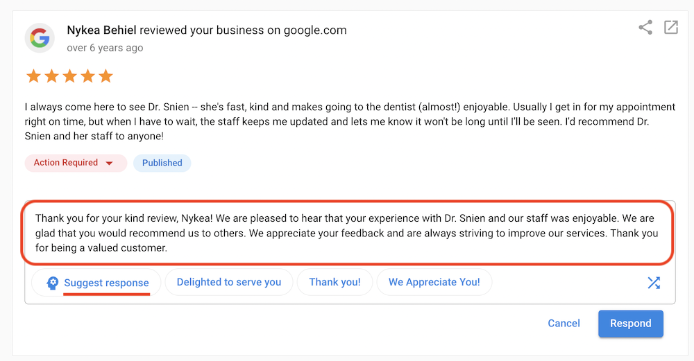 Screenshot showing AI-generated review response
