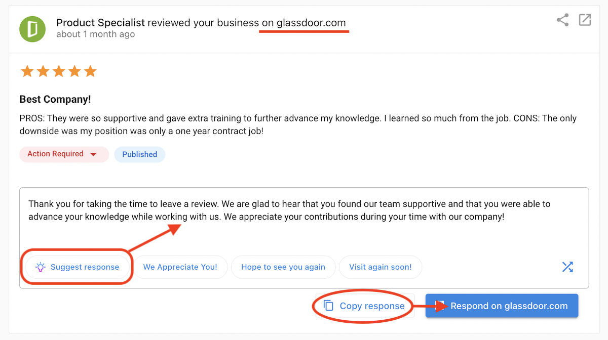 Screenshot showing how to copy an AI-generated response for use on other review sites