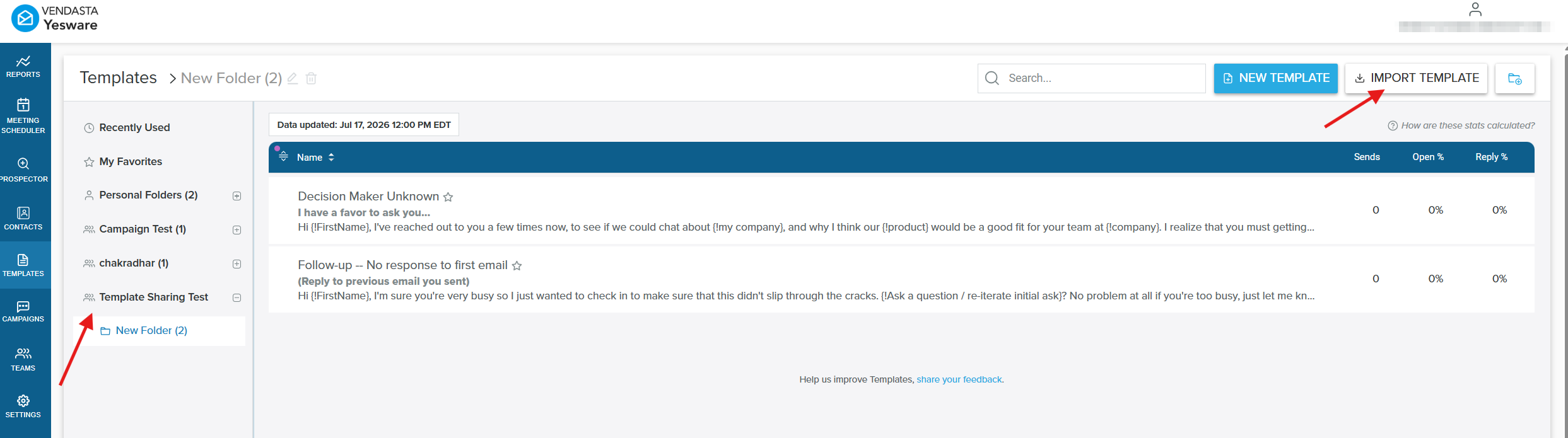 Templates page showing the Import Template button in the top-right and a team folder selected in the left navigation