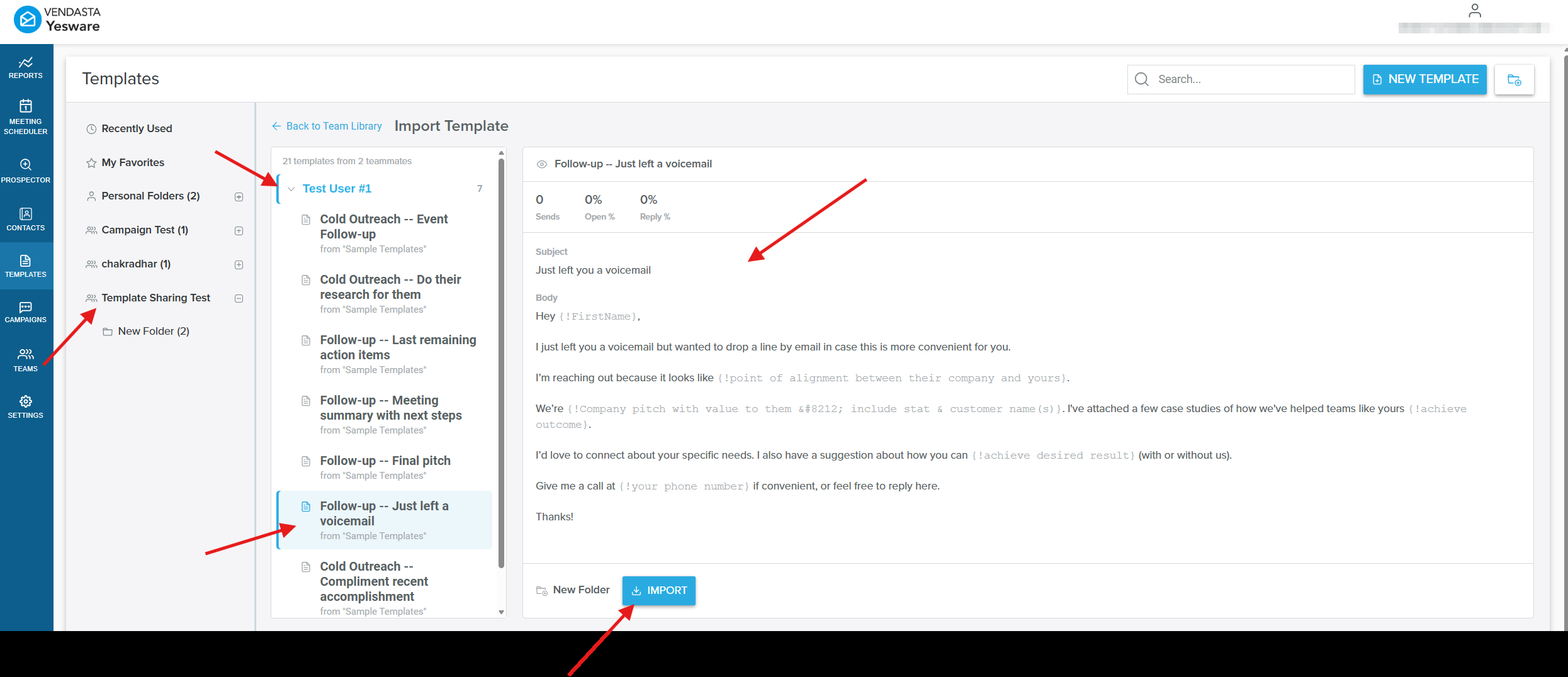Import Template workflow showing a teammate's templates grouped by name, a selected template's subject and body preview, and the Import button
