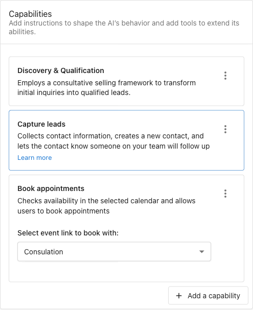 Capabilities section showing Discovery and Qualification, Capture leads, and Book appointments