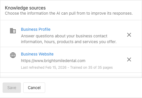 Knowledge sources section showing Business Profile and Business Website connected