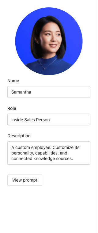 AI Employee profile section showing name, role, and avatar fields