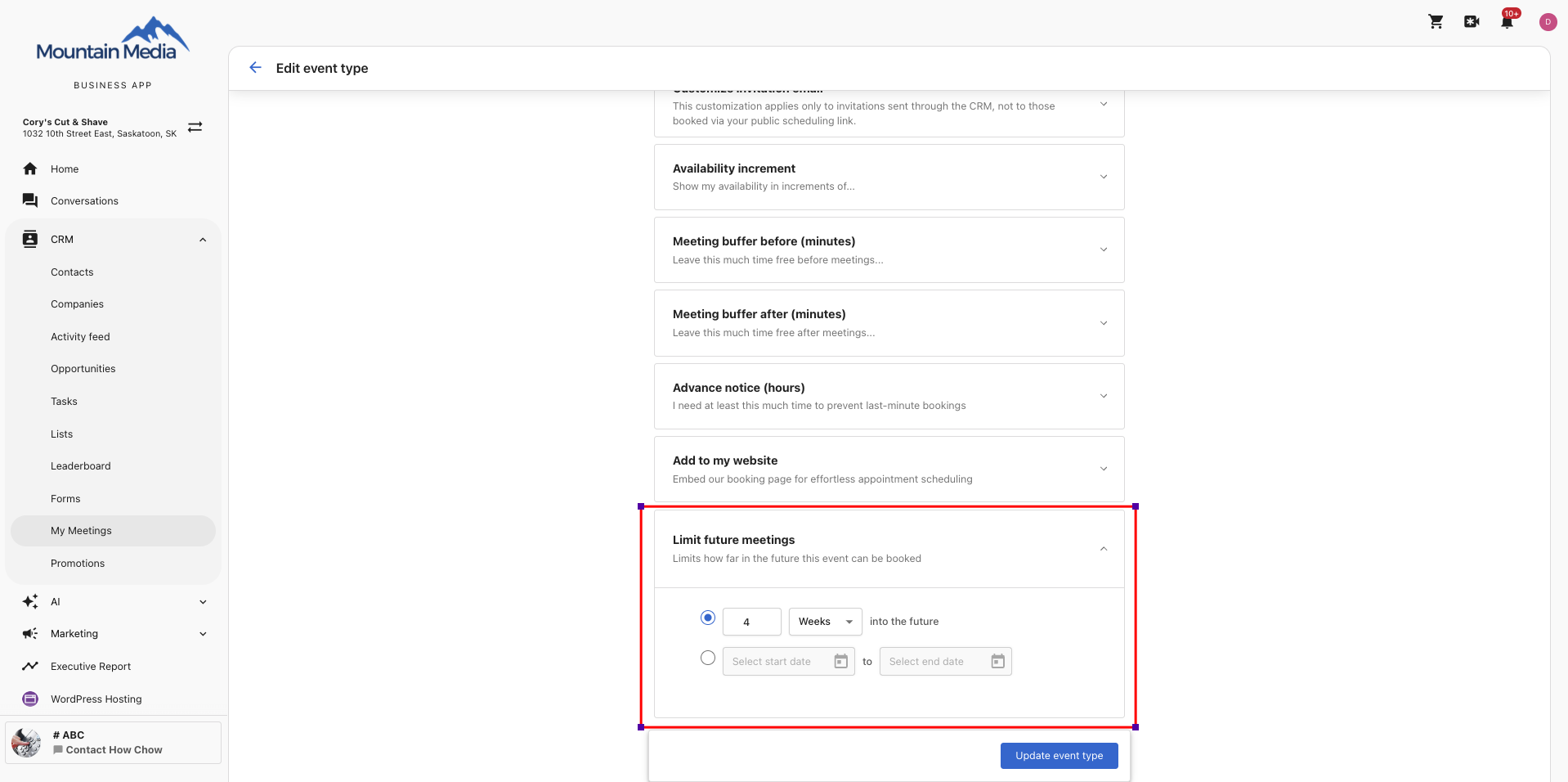 Limit future meetings — rolling window and fixed date range options