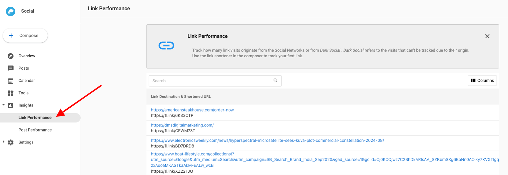 Link Performance dashboard