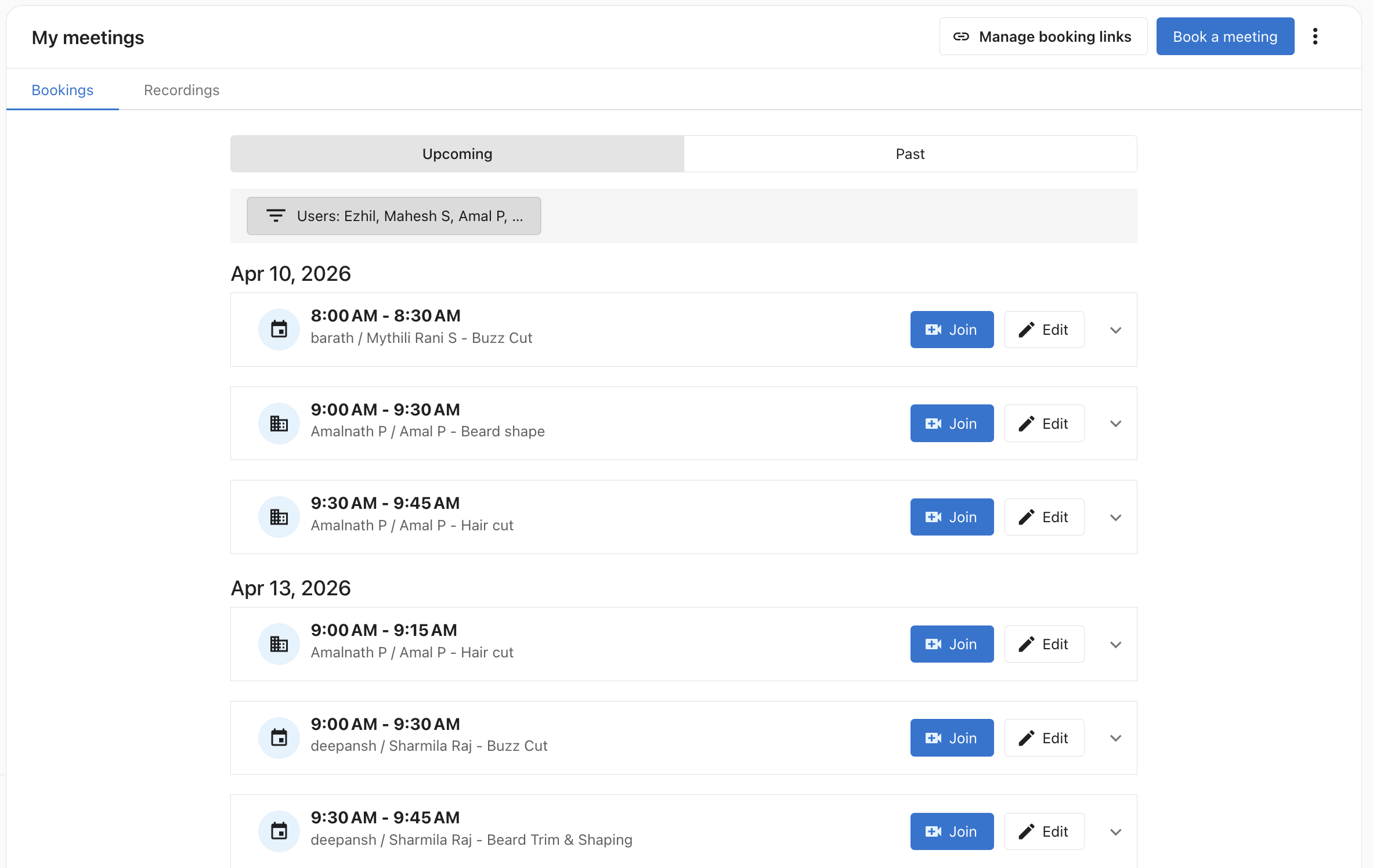 My Meetings list view with Users filter