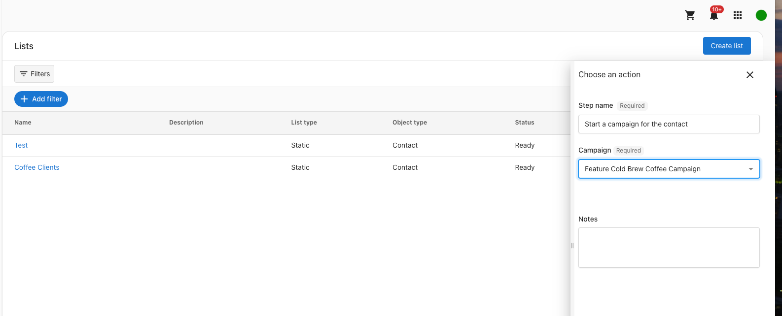 Campaign action configuration panel with step name and campaign dropdown