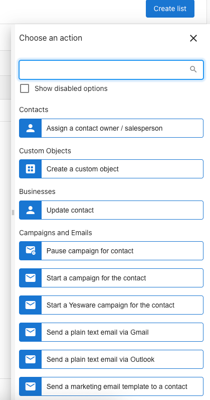 Choose an action panel showing Campaigns and Emails options