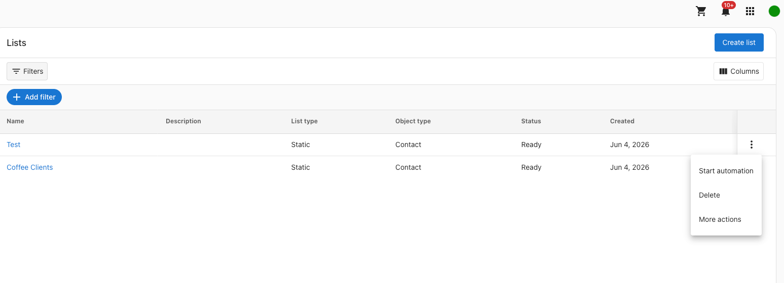 Lists page with three-dot menu open