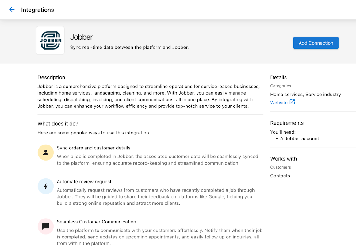 Marketing page for the Jobber integration