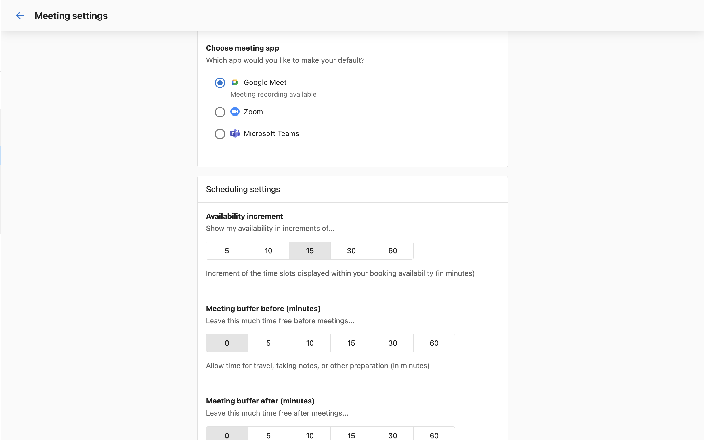 Meeting settings — app and scheduling