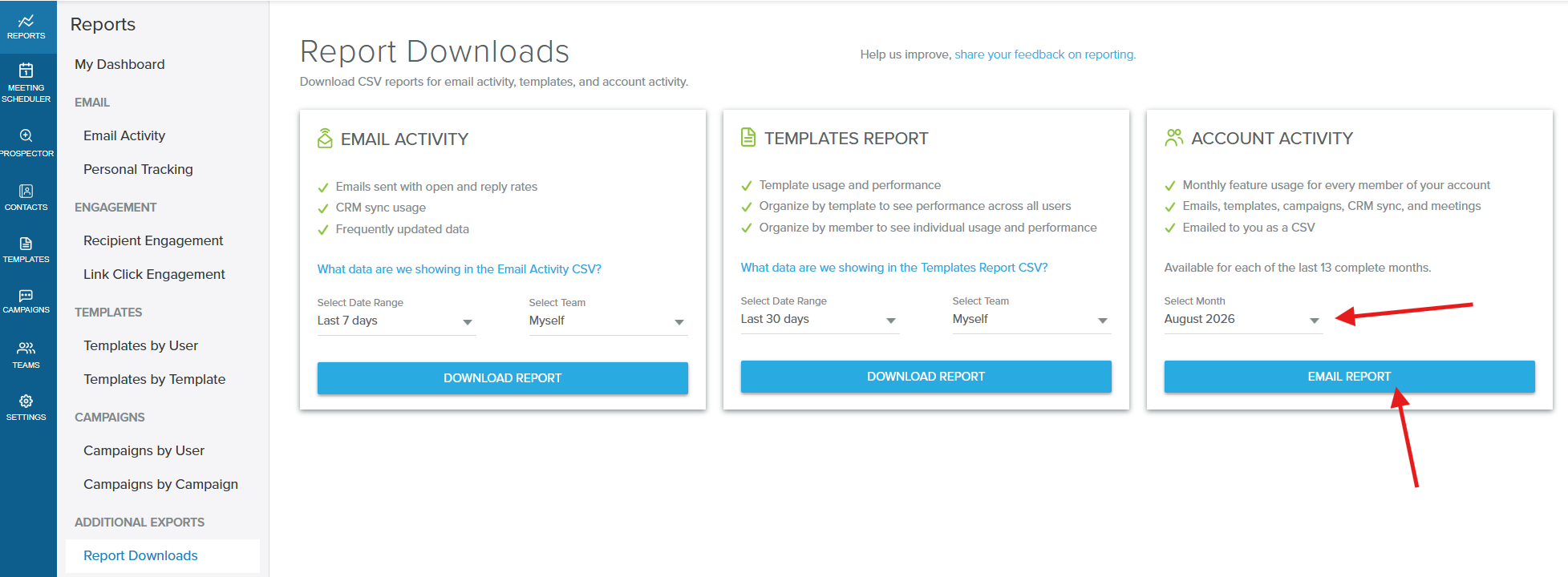 The Account Activity card on the Report Downloads page with a month selected in the Select Month dropdown and the Email Report button