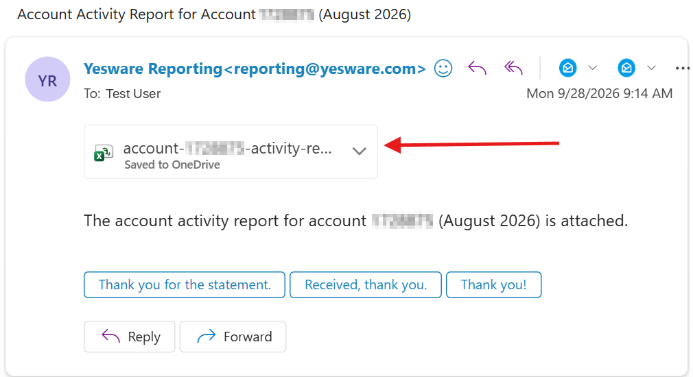 Email from Yesware Reporting delivering the account activity report as a CSV attachment