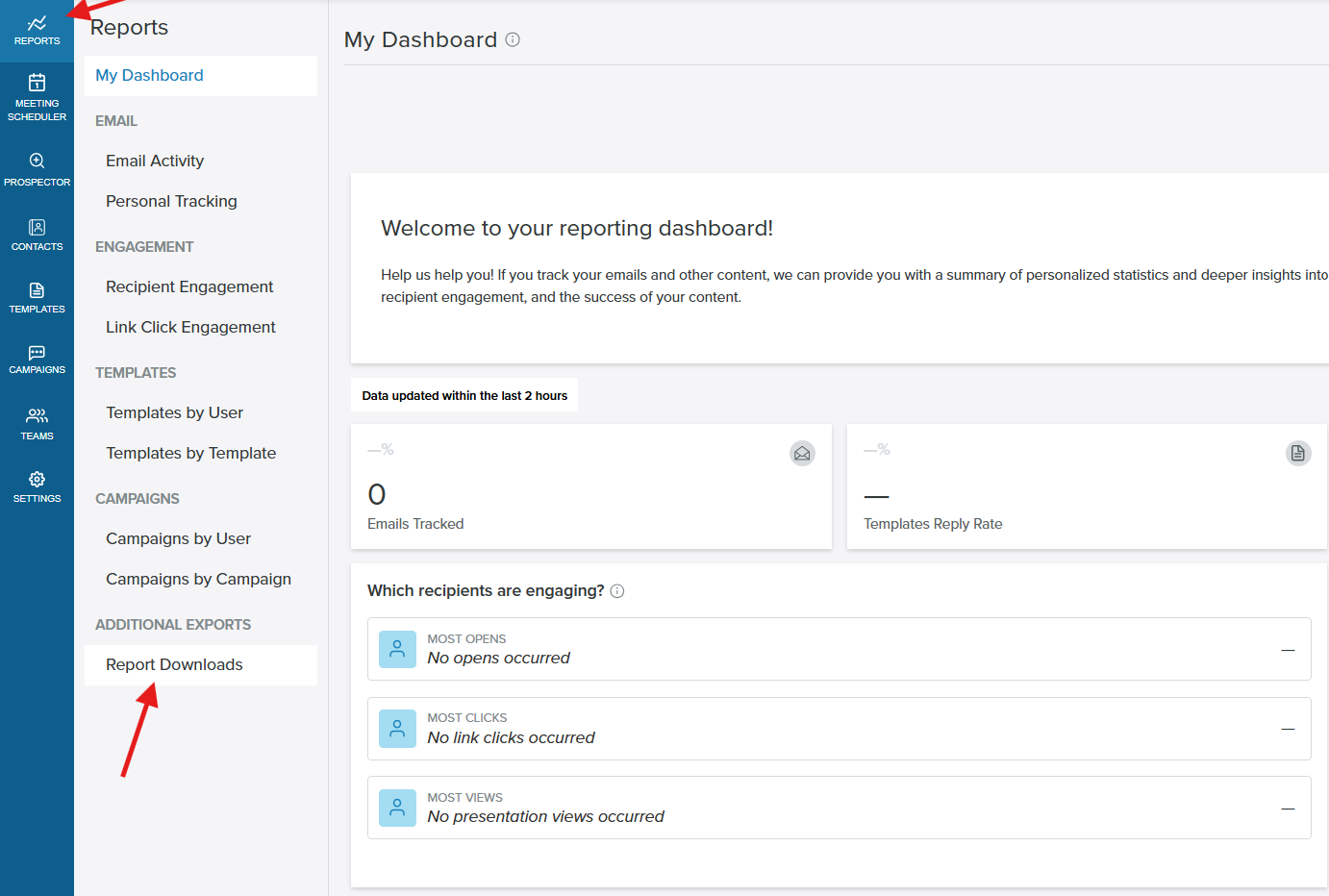Yesware AppSite Reports navigation with Report Downloads selected under the Additional Exports section