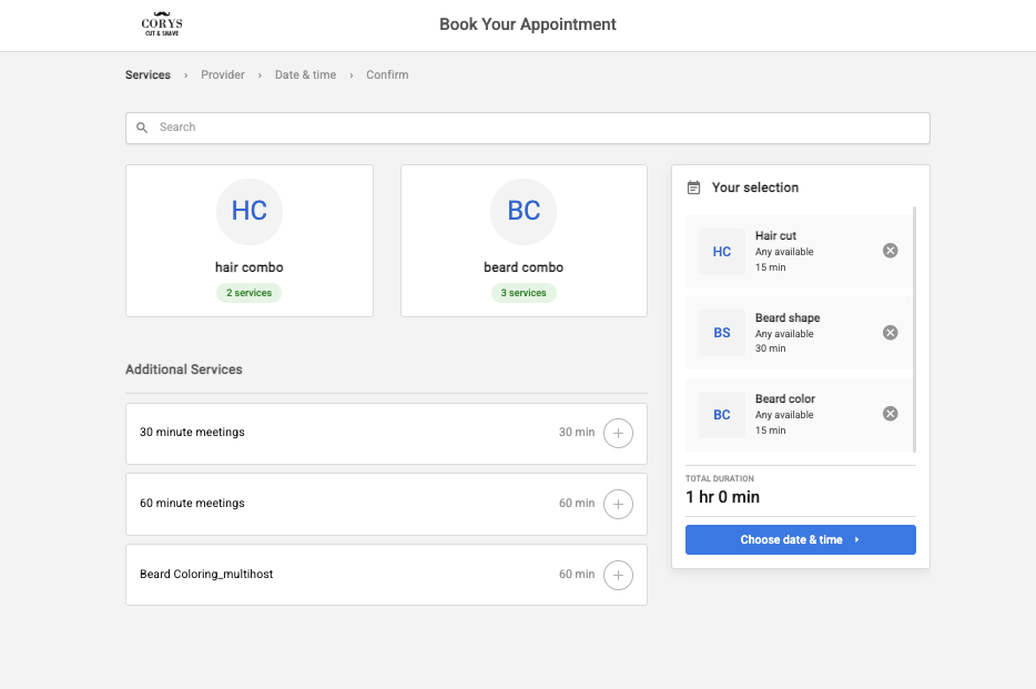 Customer booking page — multi-service selection