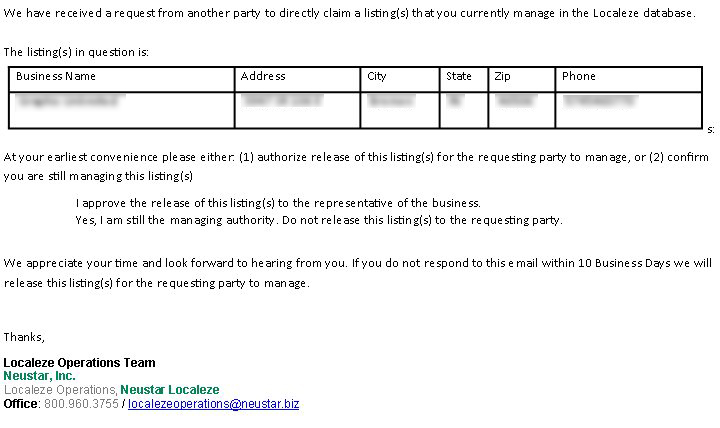 Neustar/Localeze conflict resolution email