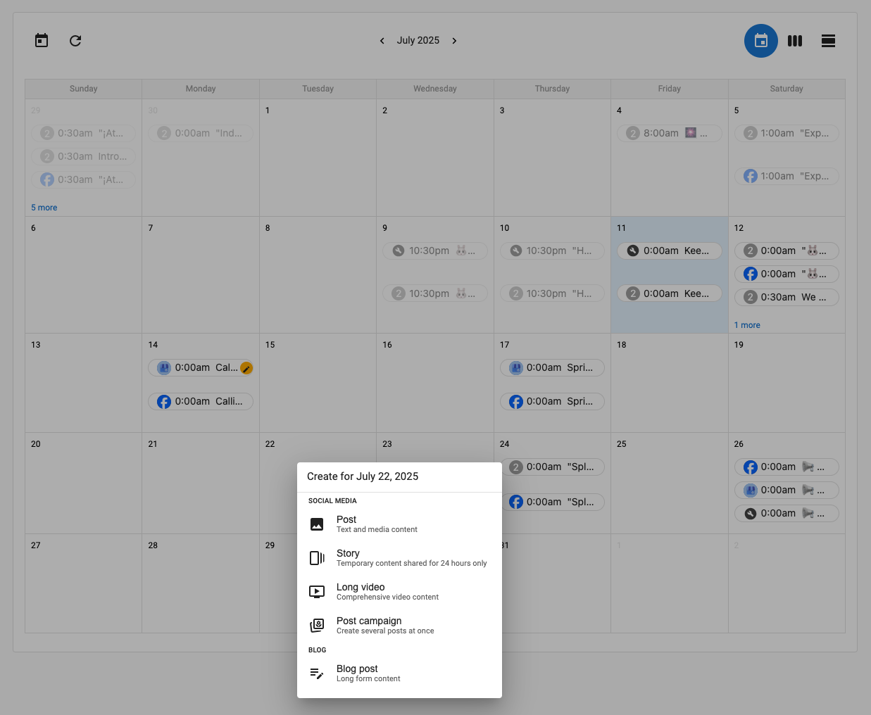 Create a new post in calendar view