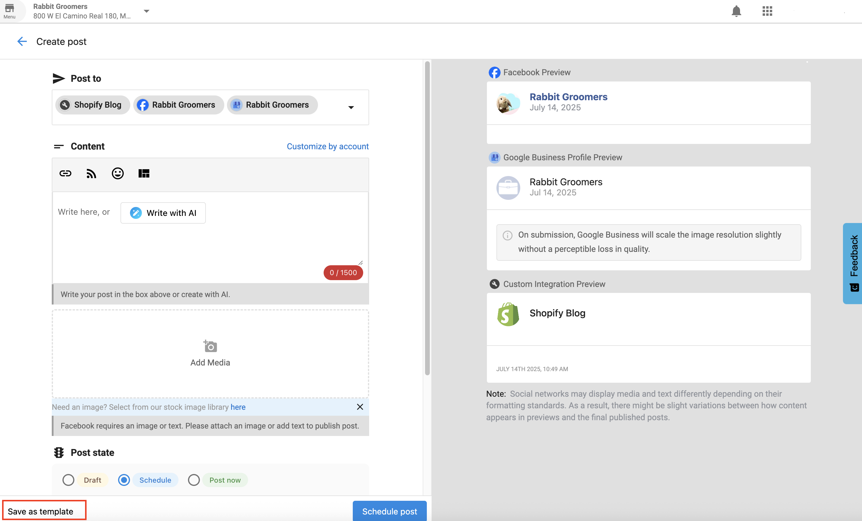 Save post as template in Social Marketing