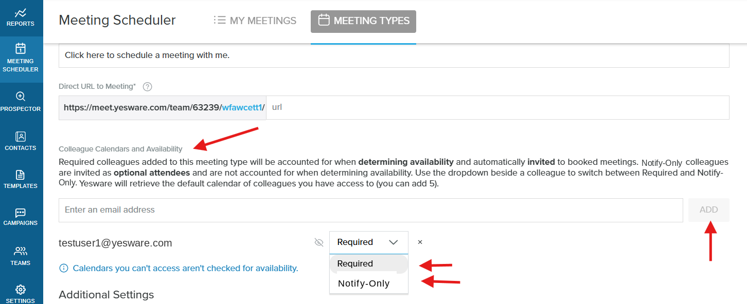 The Required / Notify-Only dropdown open on a colleague row, with Notify-Only selected