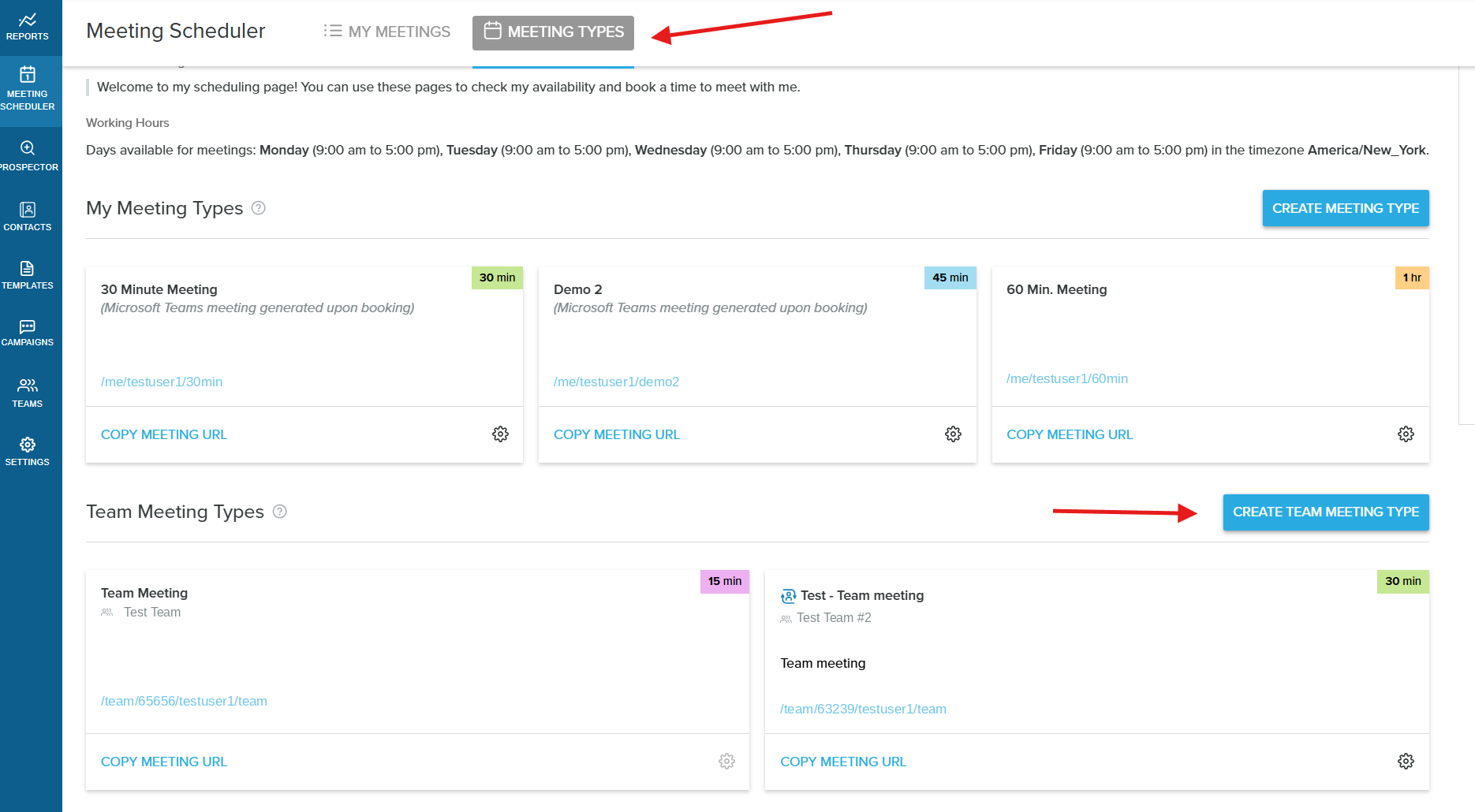 Meeting Scheduler with the Meeting Types tab selected, showing personal and team meeting types