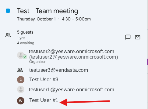A booked calendar event showing the Notify-Only colleague listed as an optional attendee