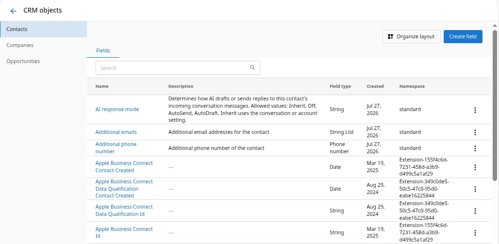 CRM objects page with Contacts selected, showing the Organize layout button beside Create field above the field list