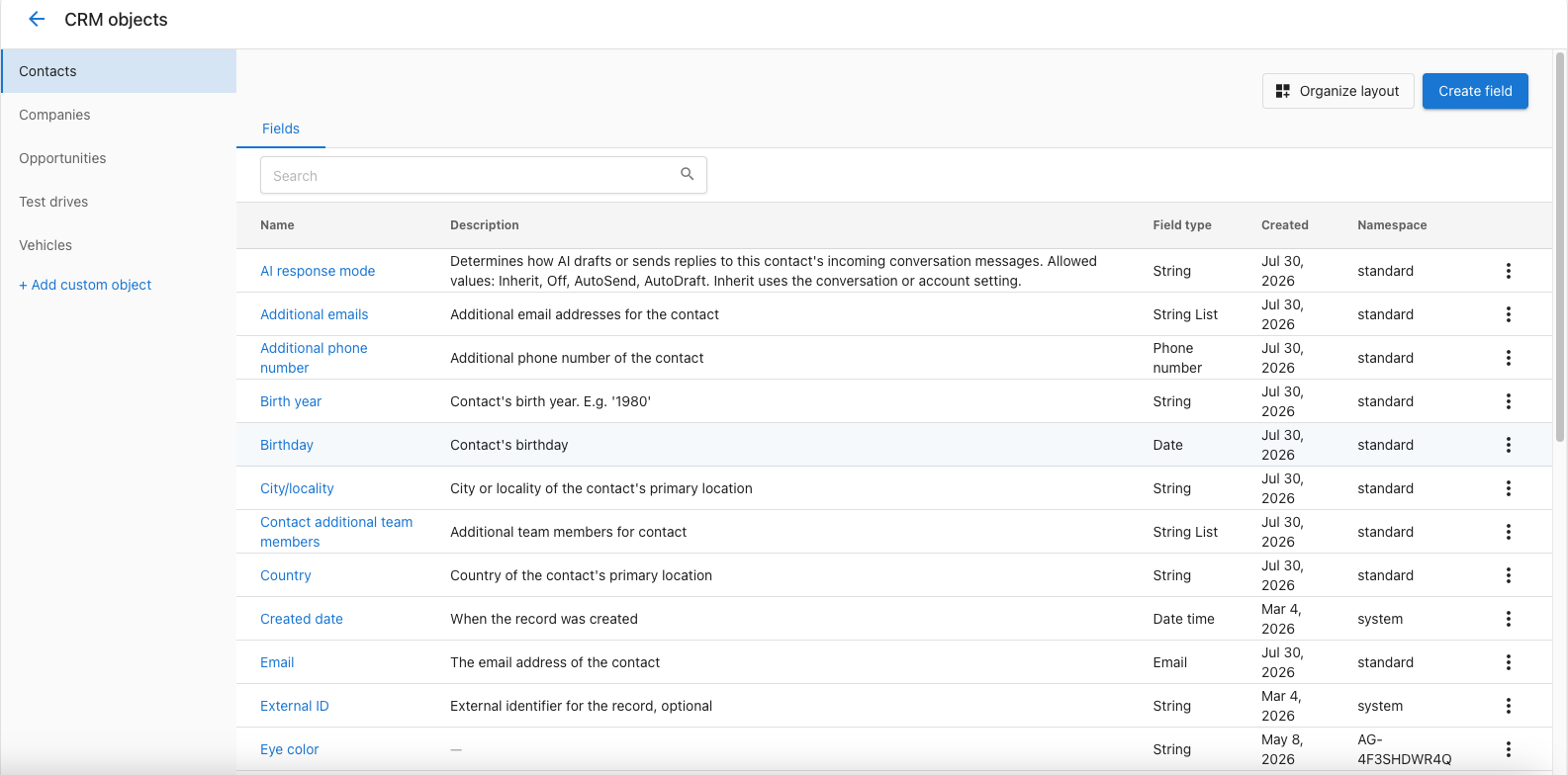 CRM objects page with Contacts selected, showing the Organize layout button beside Create field above the field list
