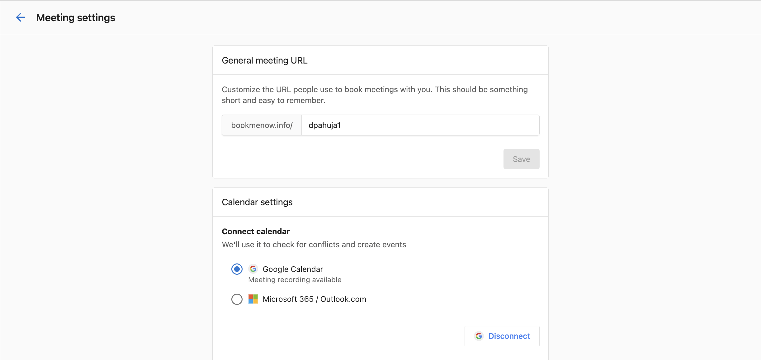 Calendar connection showing Google and Microsoft options