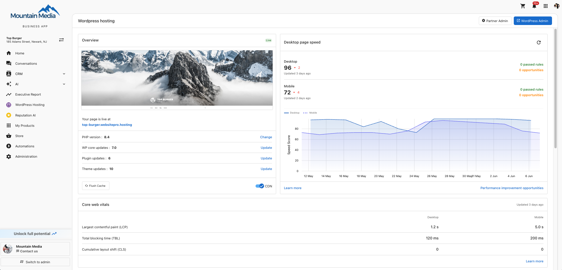 Overview card with site preview, PHP version, WP core updates, plugin and theme updates, Flush Cache, and CDN toggle