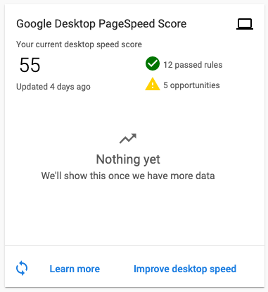 PageSpeed card for a newly created website