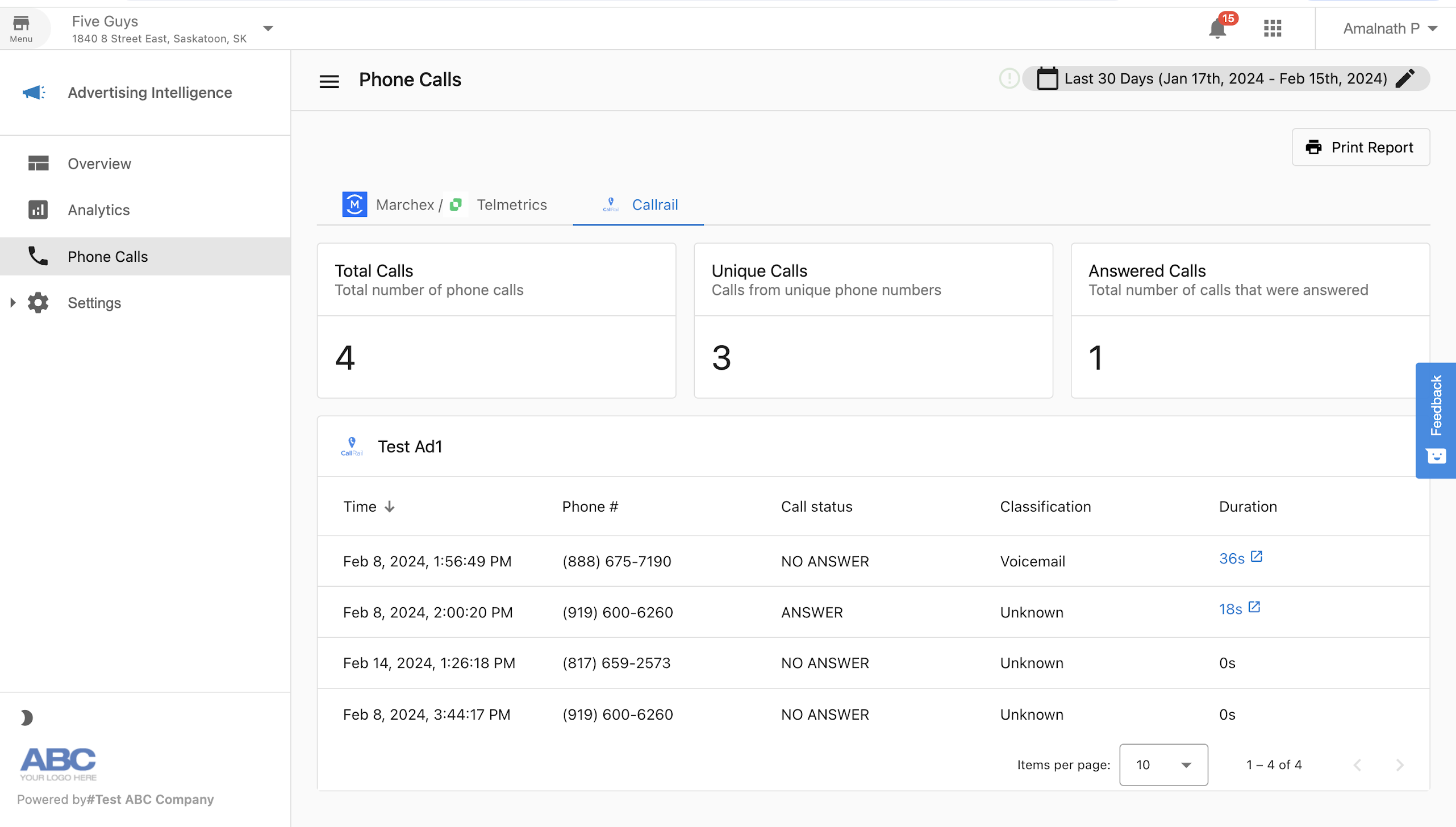 Phone Calls reporting page
