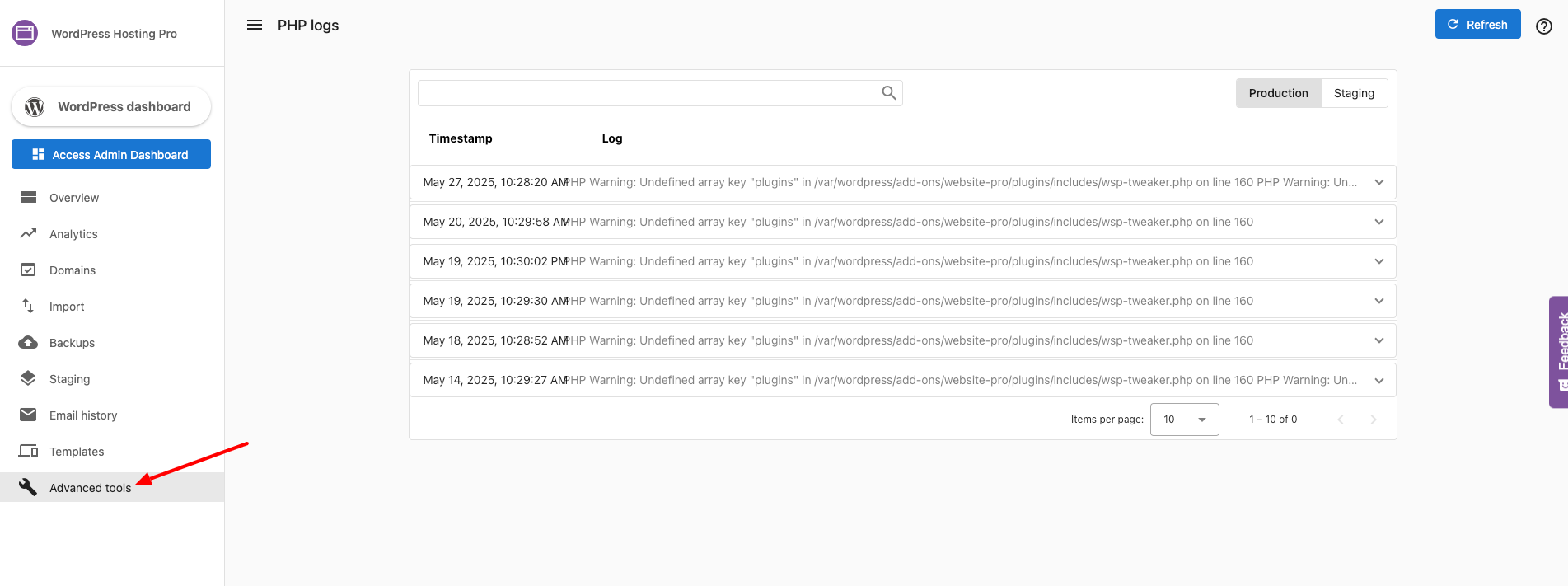 PHP Logs view in the Advanced Tools section