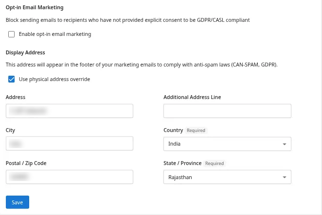 Display Address section with Use physical address override turned on
