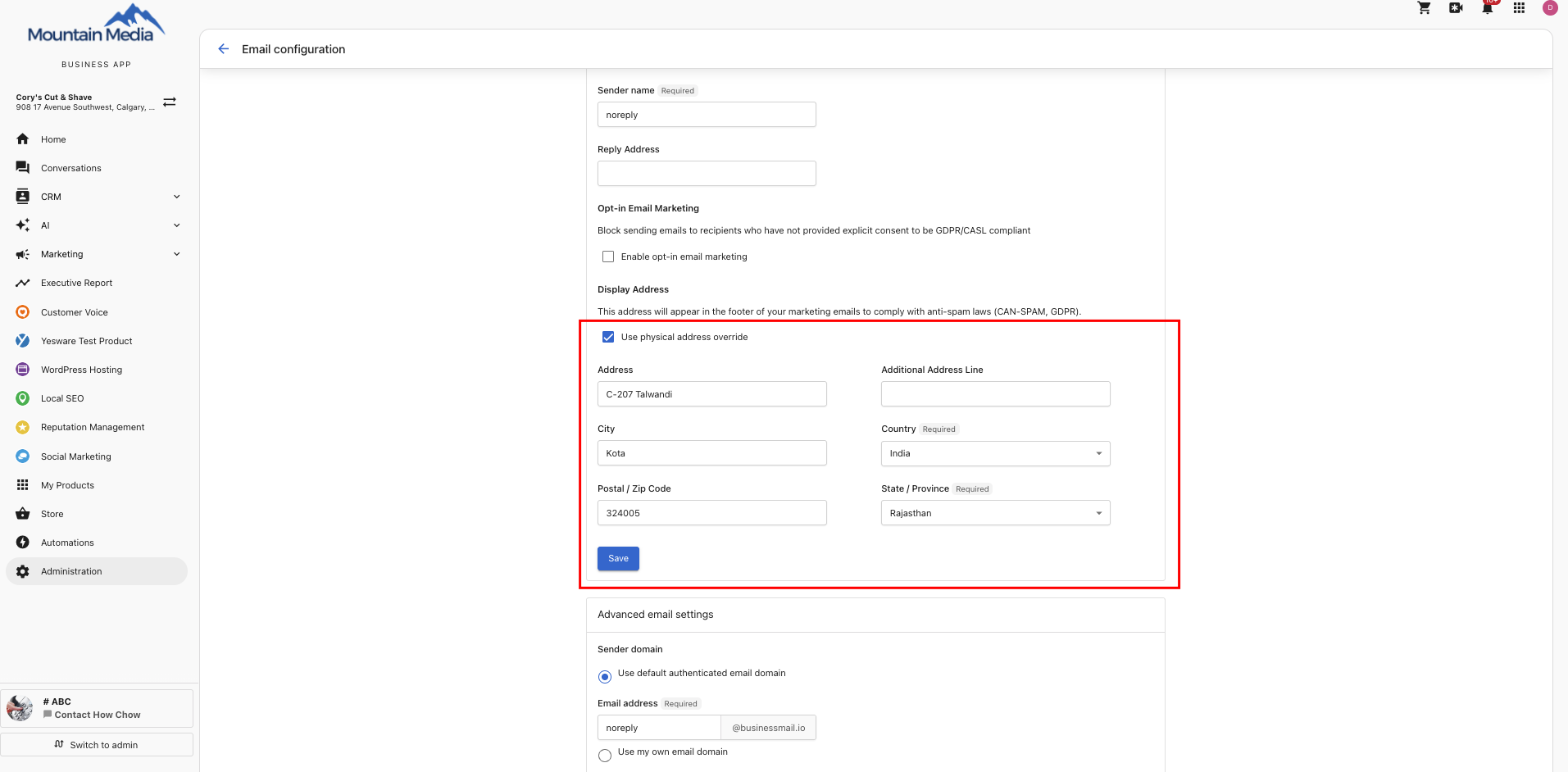 Display Address section with Use physical address override turned on
