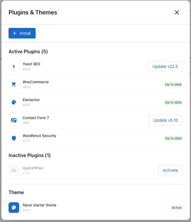 Plugins & Themes panel with active and inactive plugins and the current theme