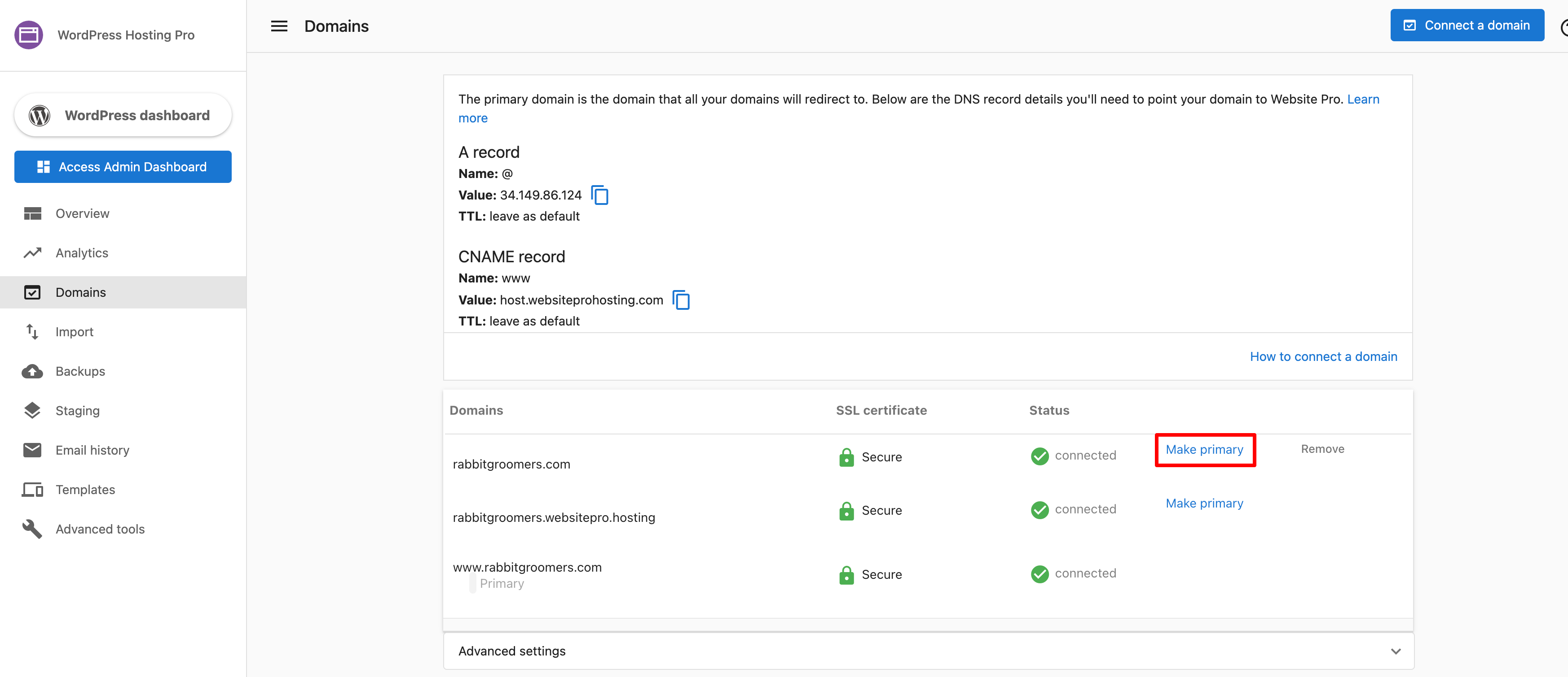 Primary domain indicator on domains list