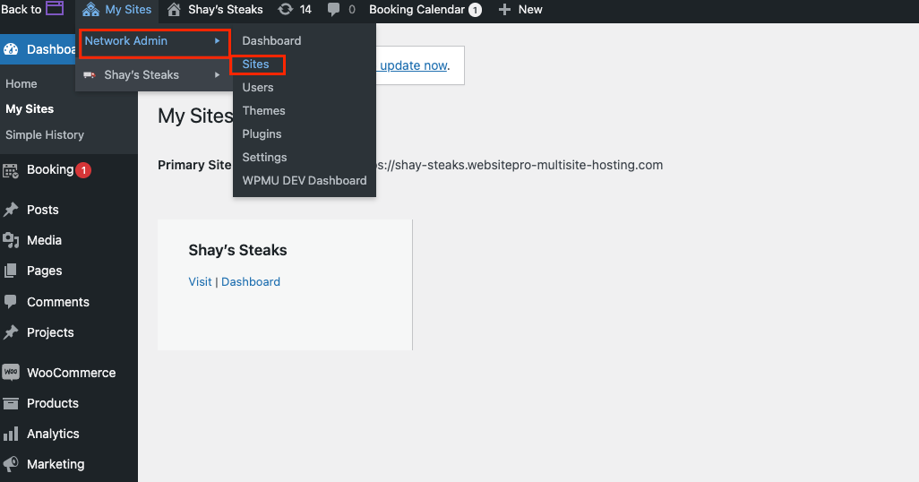 Network Admin Sites page