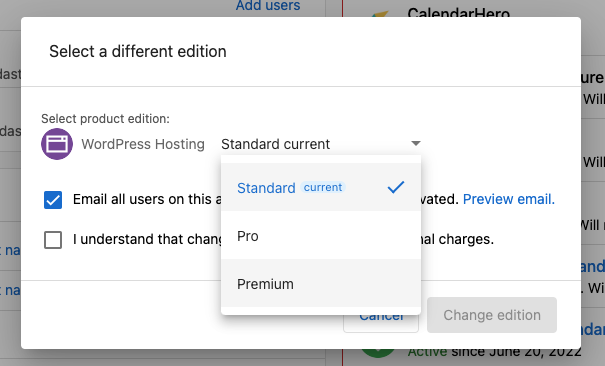 Change edition to WordPress Hosting Premium