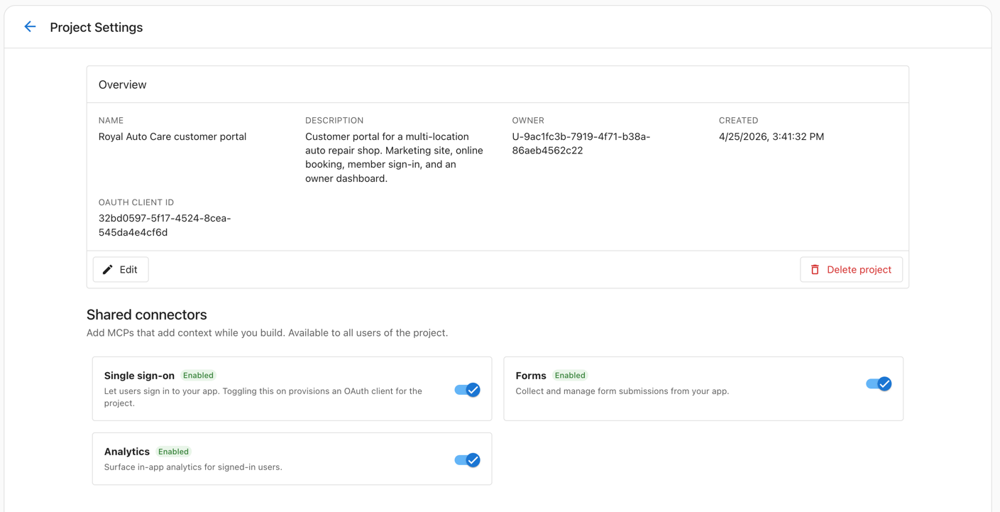 Vibe Project Settings page showing the Overview card and the Shared connectors section with Single sign-on, Forms, and Analytics each toggled on