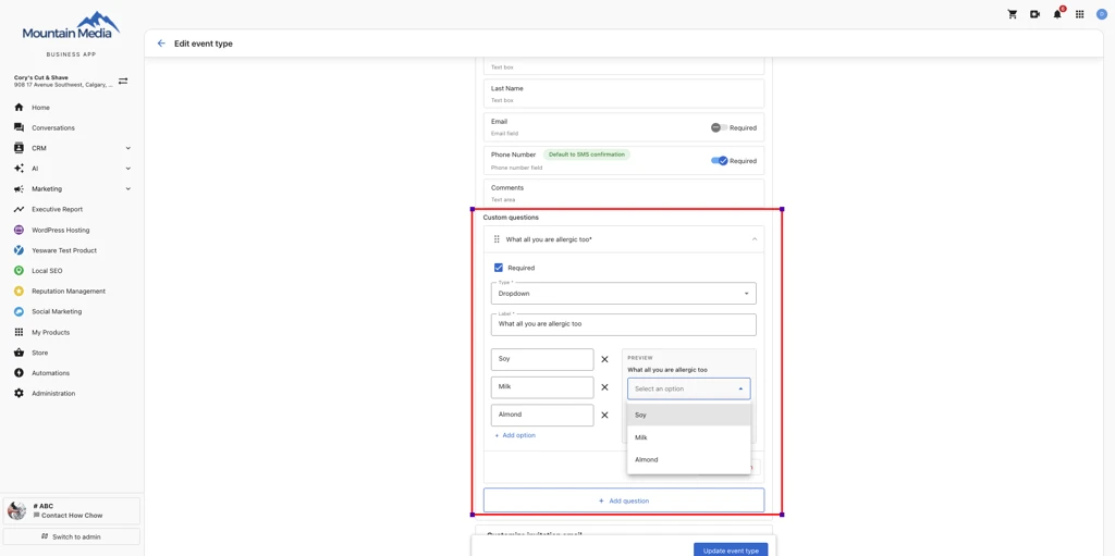 Custom question set up as a Dropdown type, with a live preview